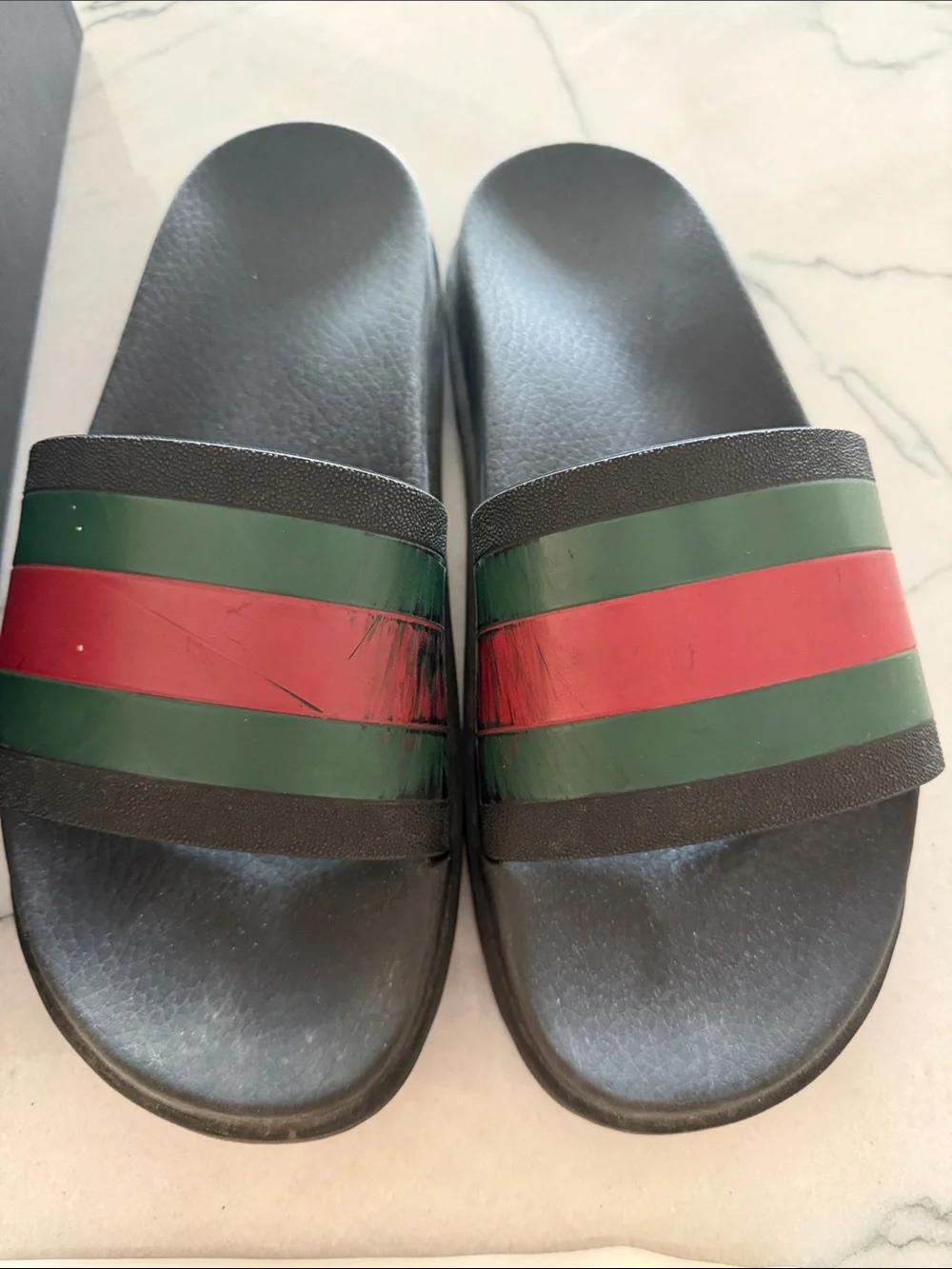 Gucci Black Slides with Green and Red Web Stripe